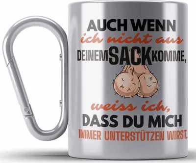 Produktbild von Trendation - Stiefvater Geschenk Edelstahl Tasse Karabiner Vatertag Lustiger Spruch Auch Wenn Ich Nicht Aus Deinem Sack Komme Geschenkidee Stiefpapa (Silber)