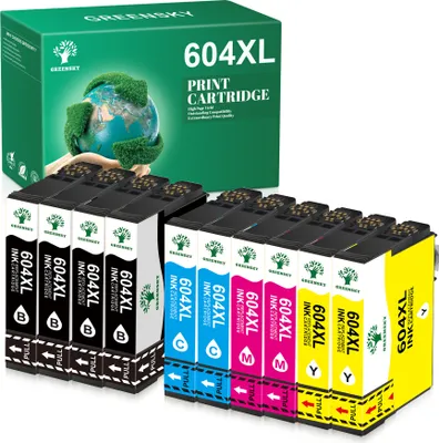 A box of printer cartridges and several cartridges arranged in front of it.