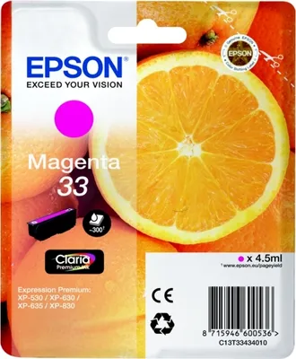 Produktbild von Epson Oranges Singlepack Magenta 33 Claria Premium Ink, Standardertrag, Magenta, Tinte auf Pigmentbasis, 4,5 ml, 1 Stück(e), 300 Seiten