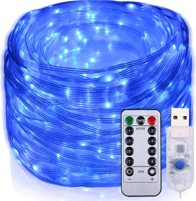 Zdjęcie produktu dla 10M LED Fairy Lights Blue PVC IP67 Wodoodporna dekoracja świąteczna do ogrodu, 8 trybów zdalnego sterowania, timer USB