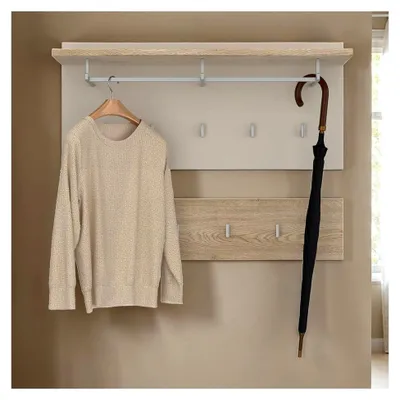 Produktbild von Wandgarderobe Bilbao, 2-teilig, Cremona Eiche/Kaschmir, mit neun Kleiderhaken, einer Kleiderstange und einer Hutablage