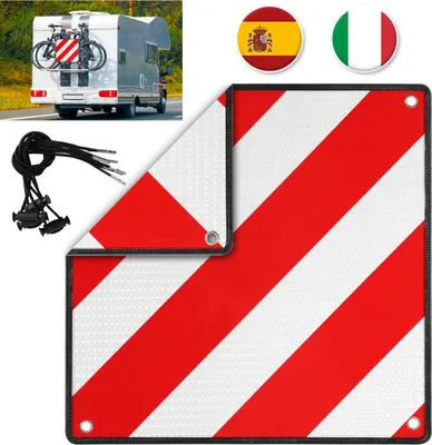 Produktbild von Faziango 2in1 Warntafel Italien & Spanien 50x50 cm Alu Wendetafel mit Ösen - Reflektierendes Warnschild für Fahrradträger & Heckträger - Zulassung für überstehende Ladung