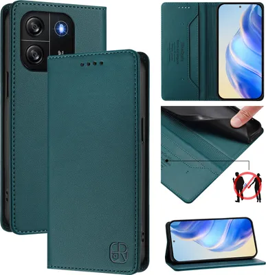 Produktbild von Lederhülle für Blackview Wave 6C Hülle Flip Brieftasche Kartenfächern Ständer Schutzhülle Dunkelgrün