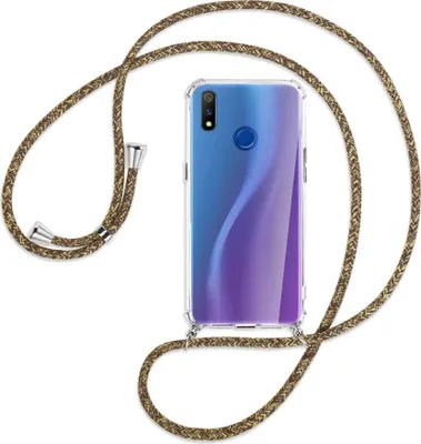 Produktbild von Handykette Backcover-Schutzhülle mit Band (Metall silberfarben) für Realme 3 Pro (X Lite) - braun+beige