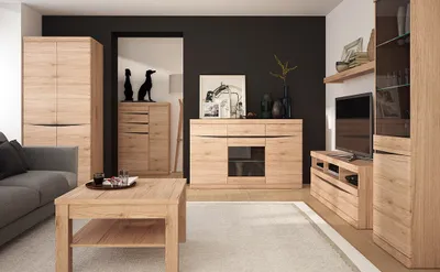 Produktbild von Wohnzimmer Komplett Set mit Beleuchtung SANFORD-129 in Eiche hell Nb.