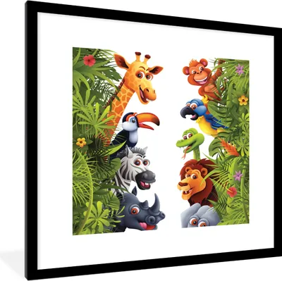 Produktbild von MuchoWow® Gerahmtes Poster Dschungel - Tiere - Jungen - Mädchen - Giraffe - Elefant - Kinder 40x40 cm - Poster mit Schwarzem Bilderrahmen Wandposter Rahmen Foto Bilder - Poster - Plakat im Rahmen