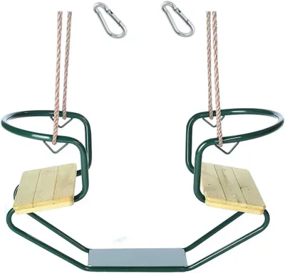Produktbild von Doppelschaukel aus Metall | Gondelschaukel mit Zwei Holzsitzen & verstellbaren Seilen | Schiffschaukel inkl. Karabiner | Kinder-Schaukel grün