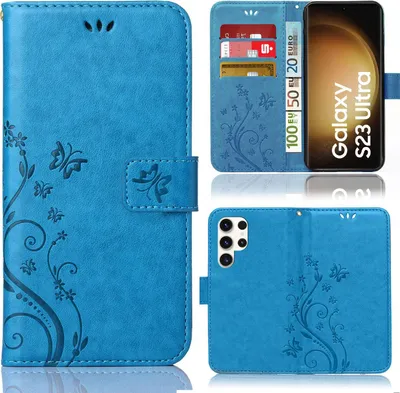 Produktbild von Handy Tasche für Samsung Galaxy S23 Ultra  Schutz Hülle Handyhülle mit Blumenmuster Klapp Hülle mit Standfunktion und Kartenfächer Blau