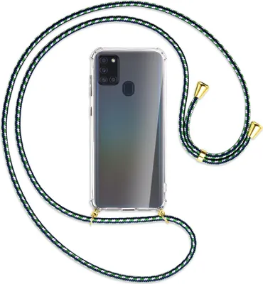 Produktbild von Handykette Backcover-Schutzhülle mit Band (Metall goldfarben) für Samsung Galaxy A21s - grün/blau/weiß