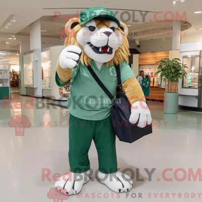 Obrázek produktu pro Postava REDBROKOLY maskota lesního zeleného šavlozubého tygra oblečená v bermudách a taškách Messenger