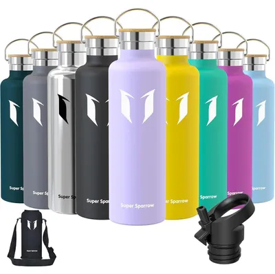 Produktbild von Edelstahl Trinkflasche 350ml-1L Auslaufsicher BPA-Frei mit 2 Deckeln Lavendel
