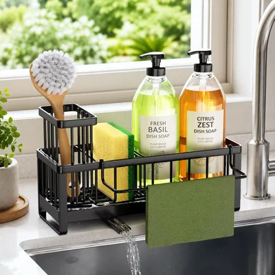 Immagine prodotto di Portaspugne da lavello - Acciaio inox - Autoscolante - 23,5 x 10,5 x 13 cm - Nero - Per lavello e cucina