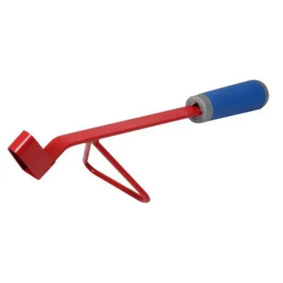 A red grooving machine with a blue handle on a white background.