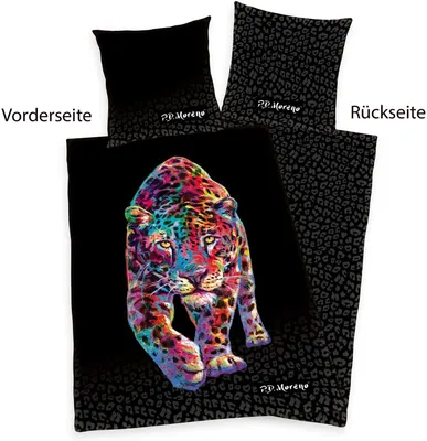A product image showing a duvet cover and pillowcase with a colorful leopard print.