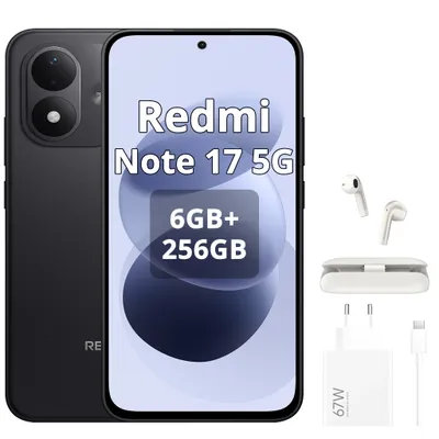 Obrázok produktu pre Xiaomi REDMI Note 17 5G, smartfón, 7700 mAh, 6 GB RAM / 256 GB úložisko, čierna (s nabíjačkou 67 W a Bluetooth slúchadlami), Obrázok generovaný UI