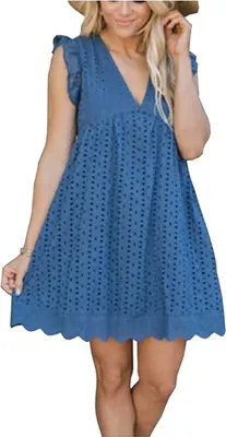 Produktbild von ASKSA Damen Elegant Rüschen Kleider Integriertem Shorts Sommer V-Ausschnitt Minikleid Kleid mit Taschen, Dunkelblau, S