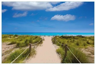 Produktbild von Wallario Küchenrückwand selbstklebend, Größe: 90 x 60 cm, Motiv: Sandweg zum blauen Meer mit blauem Himmel | Spritzschutz | abwischbar | pflegeleicht | in