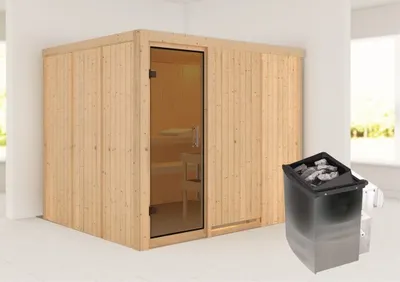 Produktbild von Karibu Sauna Innensauna Gobin Fronteinstieg Ofen 9 kW integr. Strg 231x196x198 cm ohne Dachkranz mit Graphittür