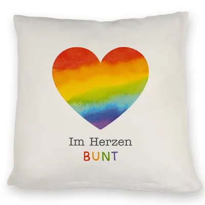 Produktbild von Regenbogenherz Kissen mit Spruch Im Herzen bunt