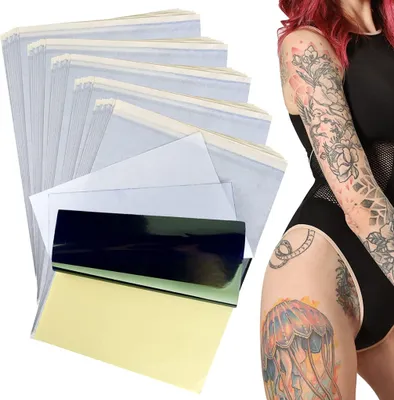 Produktbild von 100 Blatt Tattoo Transferpapier, A4 Tattoo Papier Kohlepapier Tattoo Schablonen Pauspapier, Matrizenpapier, Thermoschablonenpapier 4 lagig