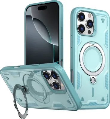 Produktbild von Dual Layer Hülle für iPhone 16 Pro Max Metall Ring Ständer Magnetisch Stoßfest Militär Handyhülle Türkis