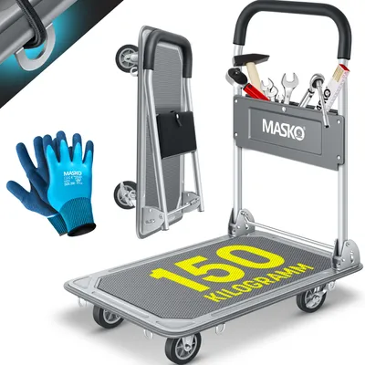 Zdjęcie produktu dla MASKO® Platforma transportowa, wózek magazynowy, składany. W zestawie rękawice robocze. Posiada hamulec postojowy, ułatwia transport. Wyposażony w 6 zaczepów zabezpieczających. Koła obrotowe o zakresie obrotu 360°. Wózek pakowy, składany