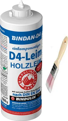 A bottle of wood glue and a paintbrush are shown against a white background.