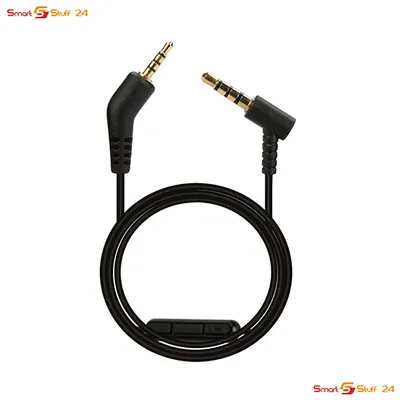 A black audio cable with two 3.5mm jack connectors and an inline remote.