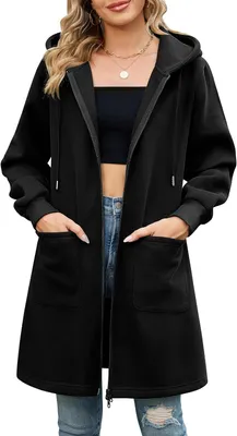 Produktbild von Damenjacke mit Kapuze und Reißverschluss in Schwarz, mittellanger Schnitt, ideal für Frühling und Herbst