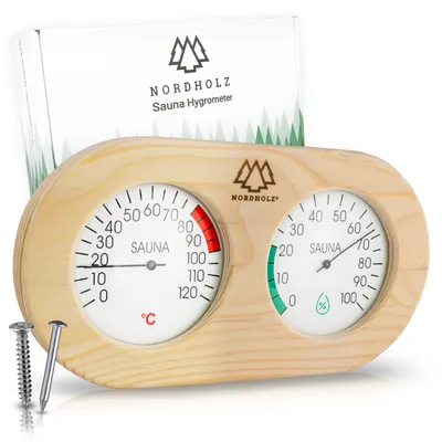 Immagine prodotto di NORDHOLZ® Termometro igrometro per sauna, in legno: display preciso e facilmente leggibile per la temperatura e l'umidità corrette. Termometro igrometro per sauna, accessorio di alta qualità