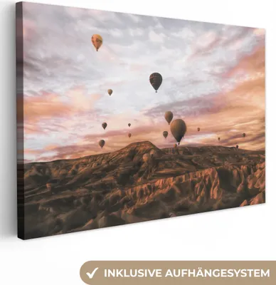 Produktbild von MuchoWow® - Leinwandbilder - Landschaft - Heißluftballon - Berge - Braun, Wandbild, Wanddeko Bilder Wohnzimmer, 120x80 cm