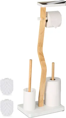 Zdjęcie produktu dla Zestaw toaletowy Relaxdays, bambus, wymiary: 80 x 30 x 20 cm, wolnostojący uchwyt na papier toaletowy, półka, szczotka toaletowa, biały/naturalny