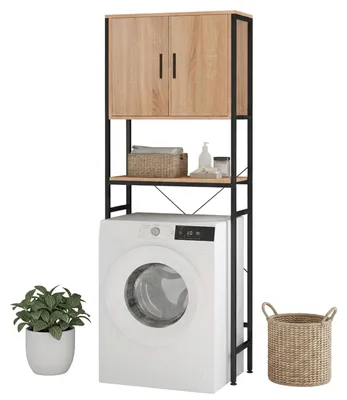 Image de Relaxdays, meuble de rangement pour machine à laver, avec étagères, portes et compartiment pour machine à laver, sèche-linge ou toilettes. Dimensions : largeur 170 cm, profondeur 64,5 cm, hauteur 27 cm. Finition : naturel/noir