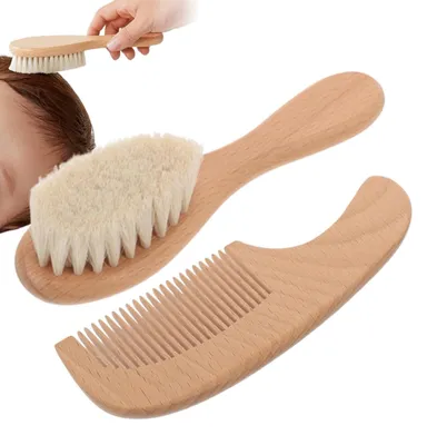 Image de Kit de brosse et peigne pour cheveux de bébé, avec manche en bois