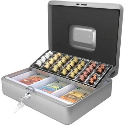 Produktbild von ACROPAQ Geldkassette abschließbar - Kasse mit Münzzählbrett, Groß 24 x 30 x 9 cm - Abschließbare Box, Geldkasse, Geldkoffer geeignet für Geldaufbewahrung - Silber - 10005S