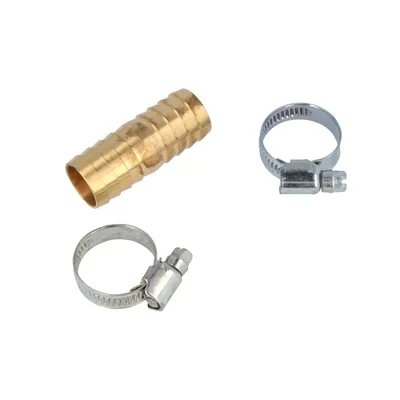 A brass hose connector and two metal hose clamps are arranged on a white background.