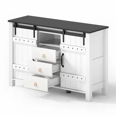 Produktbild von Merax Buffetschrank 120 cm in Weiß mit Schiebetüren & 3 Schubladen, Seitenschrank aus MDF, rustikaler Kaffeebar-Schrank für Küche & Wohnzimmer