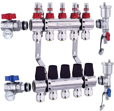Image de Raccord de distribution pour circuit de chauffage, équipé de raccords Eurocone et d'un thermomètre