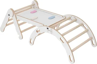 Produktbild von Set Klettergerüst Indoor, Kletterdreieck mit rutsche aus Holz, Kletterbogen, Klettergerüst mit Rutschbrett, Holzbogen für Spielplatz, Montessori