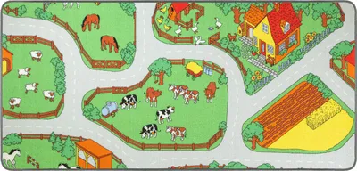 Obrázek produktu pro Primaflor hrací koberec BAUERNHOF - 95x200cm - dětský koberec s ulicemi, farmami a zvířaty pro kluky a holky