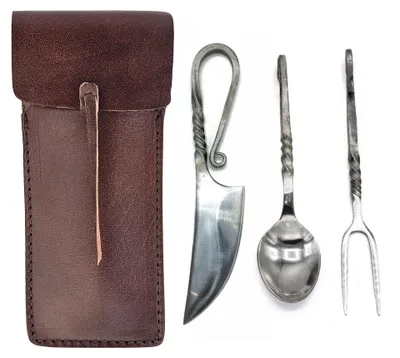 Produktbild von Fuhrmannsbesteck Messer Gabel Löffel Edelstahl mit Ledertasche