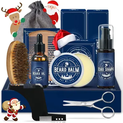 Productafbeelding van Bartverzorgingsset voor mannen, 11-in-1 complete set met baardolie, baardbalsem, baardshampoo, baardkam, baardborstel en baardschaar. Ideaal als cadeau voor mannen