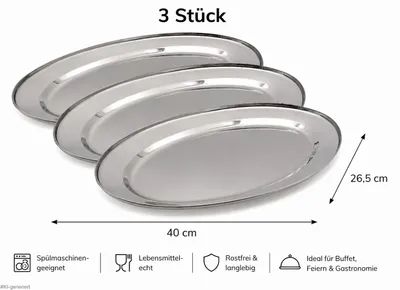 Produktbild von 3er Set Ovale Edelstahl Servierplatten 40 x 26,5cm – Rostfrei, lebensmittelecht & spülmaschinengeeignet