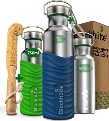 Produktbild von Blockhütte Edelstahl Trinkflasche 750ml I Wasserflasche Kohlensäure geeignet I Auslaufsicher, BPA-Frei Metall Thermosflasche mit Silikonmantel I