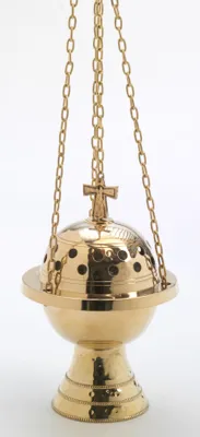 Produktbild von Weihrauchfass mit Kette zum Hängen aus Messing Gold poliert Höhe 19 cm mit Innenschale aus Stahl für die Räucherkohle