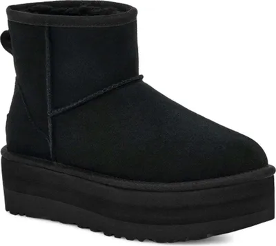 A black UGG Classic Mini Platform boot is shown from the side against a white background.