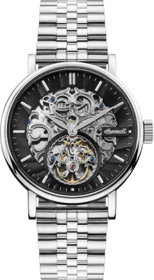 A close-up, studio shot of a men's mechanical wristwatch with a skeleton dial and a silver metal band.