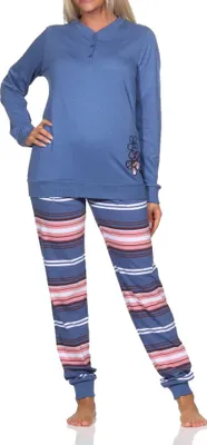 Produktbild von Normann Damen Pyjama lang mit Bündchen und gestreifter Hose - auch in Übergrössen ; blau-mel. , 60-62