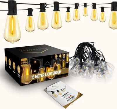Produktbild von Homezie Lichterkette 15 Meter mit 25 großen LED-Glühbirnen | Wasserdicht | Warmweiß | Verkettbar & Dimmbar | Lichtergirlande | Gartenbeleuchtung | Lichtergirlande | Lichterkette für den Außenbereich | Stachelschnur