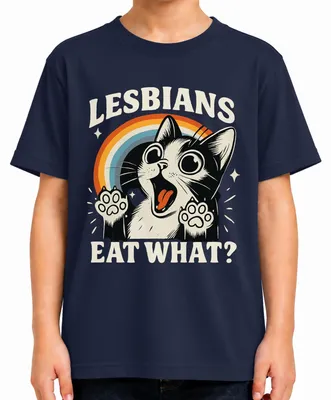 Immagine prodotto di Maglietta per bambini, taglia 140, blu navy, con scritta "Lesbiche", immagine di un arcobaleno, stile retrò, divertente, queer e carina